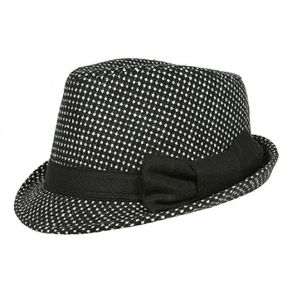 Fedora Hats – 12 PCS White Dots w/ Bow - Black/ White - HT-AHA51742WH